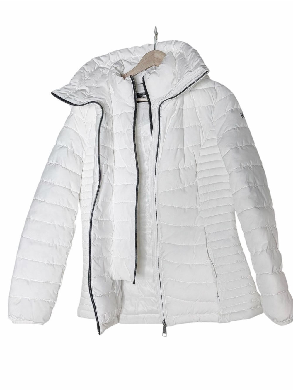 DKNY Quilted Hooded Bib Packable White Puffer Jacket Size M Winter Ski Outdoor